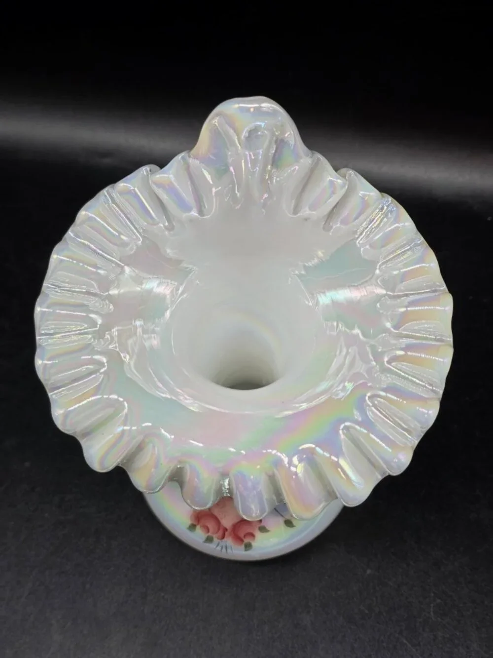 Vintage Fenton White Iridescent Jack in the Pulpit Ruffled Vase Signed, Numbered